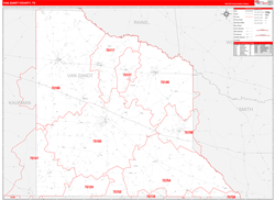 Van Zandt County, TX Wall Map Zip Code Red Line Style 2024